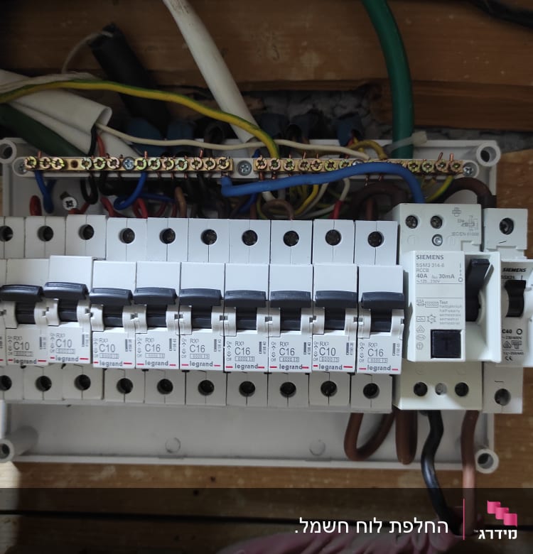 לוח חשמל עם מפסקים וחוטי חשמל צבעוניים